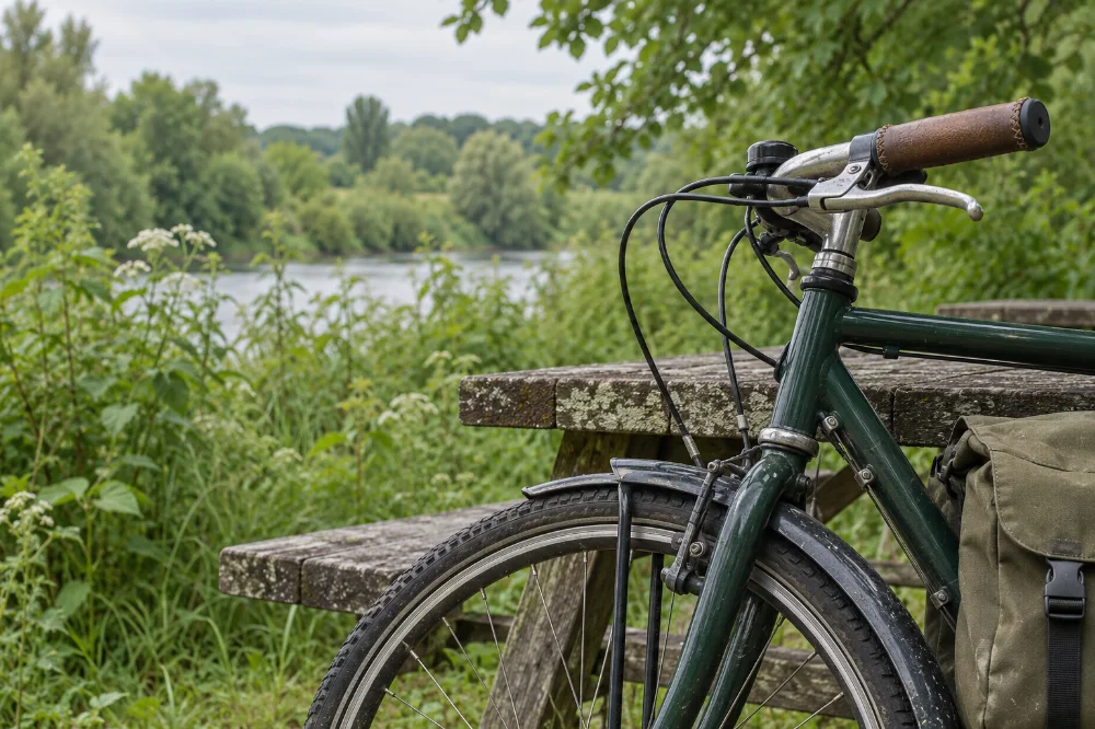 Détail d’un vélo de voyage dans un cadre végétal, illustration d’ambiance